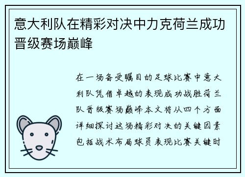 意大利队在精彩对决中力克荷兰成功晋级赛场巅峰