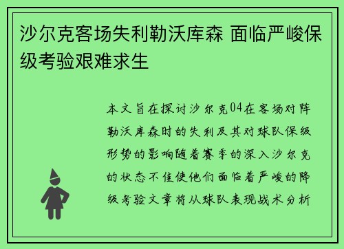 沙尔克客场失利勒沃库森 面临严峻保级考验艰难求生