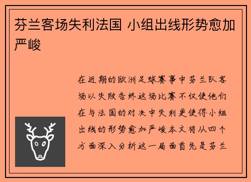 芬兰客场失利法国 小组出线形势愈加严峻