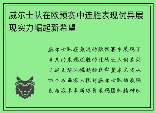 威尔士队在欧预赛中连胜表现优异展现实力崛起新希望