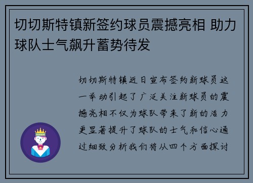 切切斯特镇新签约球员震撼亮相 助力球队士气飙升蓄势待发