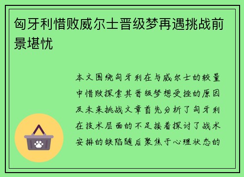 匈牙利惜败威尔士晋级梦再遇挑战前景堪忧