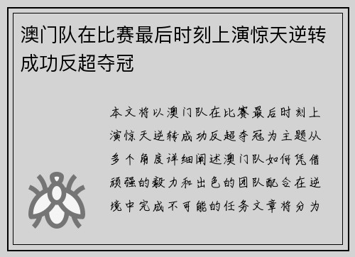 澳门队在比赛最后时刻上演惊天逆转成功反超夺冠