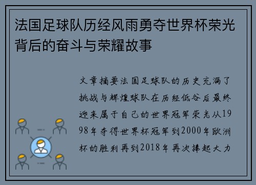 法国足球队历经风雨勇夺世界杯荣光背后的奋斗与荣耀故事