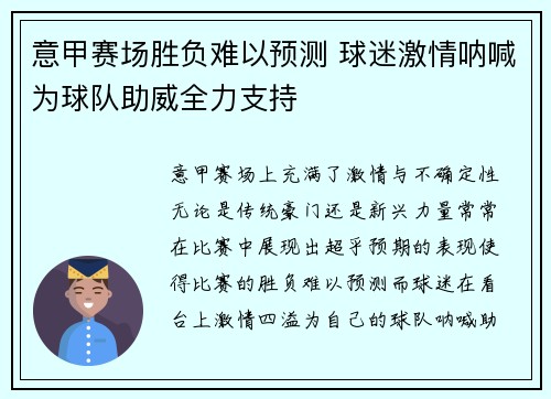 意甲赛场胜负难以预测 球迷激情呐喊为球队助威全力支持