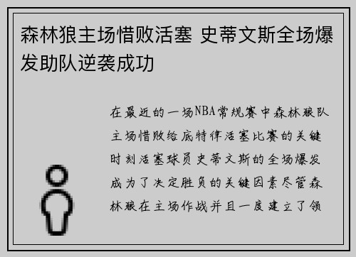 森林狼主场惜败活塞 史蒂文斯全场爆发助队逆袭成功