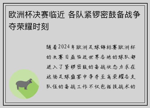 欧洲杯决赛临近 各队紧锣密鼓备战争夺荣耀时刻