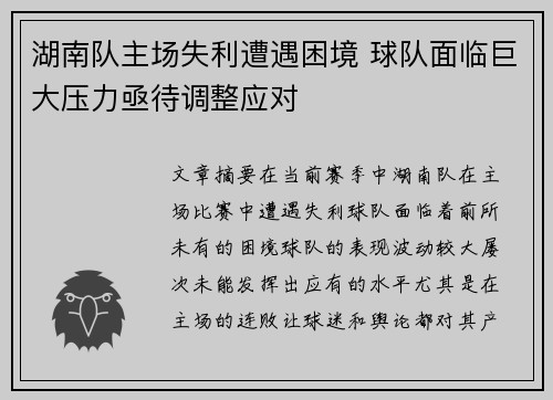 湖南队主场失利遭遇困境 球队面临巨大压力亟待调整应对