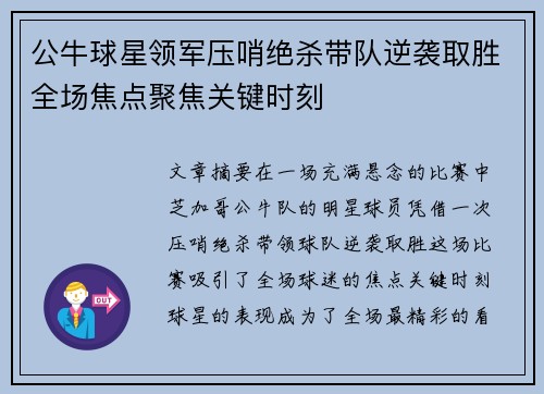 公牛球星领军压哨绝杀带队逆袭取胜全场焦点聚焦关键时刻