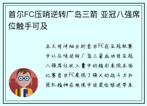 首尔FC压哨逆转广岛三箭 亚冠八强席位触手可及