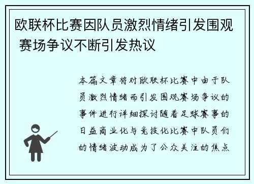 欧联杯比赛因队员激烈情绪引发围观 赛场争议不断引发热议