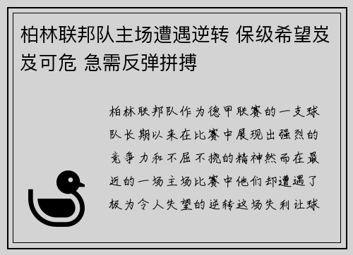 柏林联邦队主场遭遇逆转 保级希望岌岌可危 急需反弹拼搏