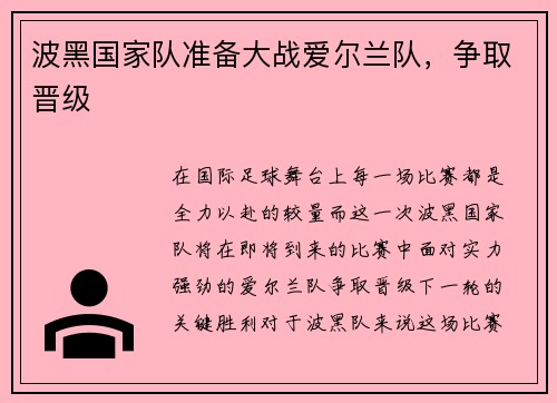 波黑国家队准备大战爱尔兰队，争取晋级