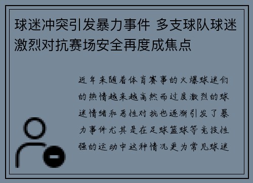 球迷冲突引发暴力事件 多支球队球迷激烈对抗赛场安全再度成焦点